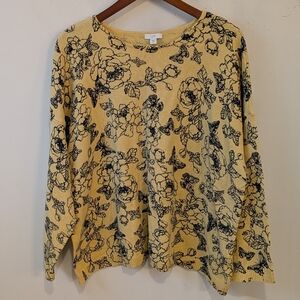 J. Jill Women's Yellow Floral Butterfly Cotton Crewneck Sweater 3X